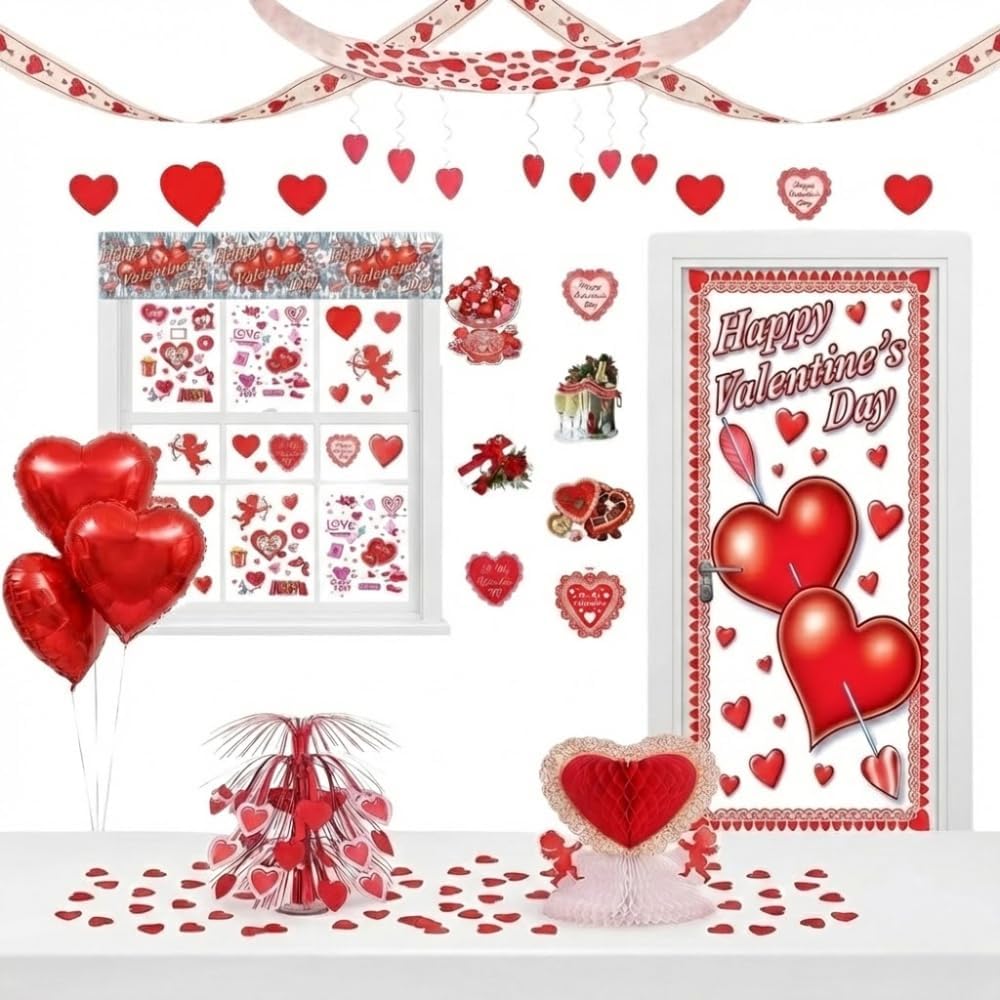PMU Valentine’s Day Party Decorations Kit Love Decoration Centerpiece, Fringe Banner, Door Cover, Hearts & Cupid Clings, Cutouts For Valentines Room Décor