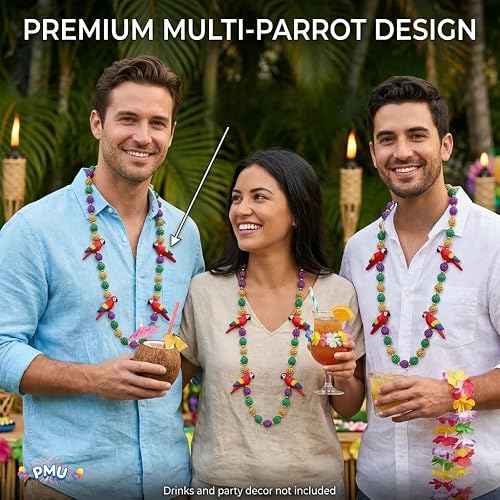 PMU 42 Inch Multicolor Parrot Mardi Gras Beads Necklace – Wearable Party Accessory for Mardi Gras, Hawaiian Luau & Tropical Celebrations