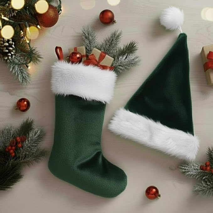 PMU Christmas Velvet Santa Hat & Stocking Set, 2-Piece Soft Plush Santa Hat and Holiday Stocking for Xmas Decor & Gifts