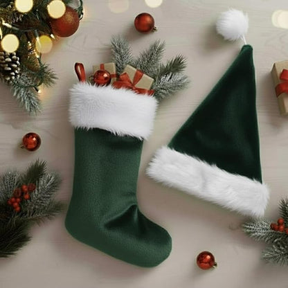 PMU Christmas Velvet Santa Hat & Stocking Set, 2-Piece Soft Plush Santa Hat and Holiday Stocking for Xmas Decor & Gifts