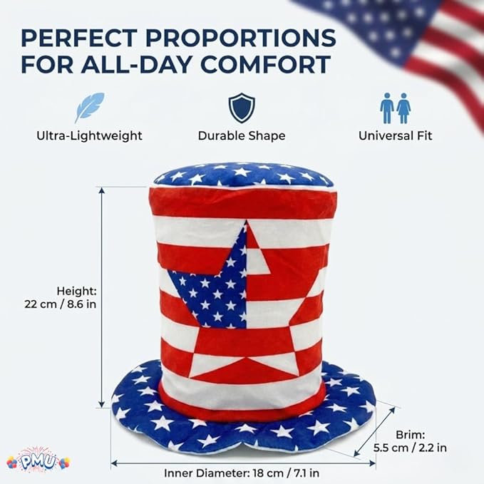 PMU Memorial Day Patriotic Stars & Stripes Top Hat - Red White & Blue Hair Accessory for Women & Men, 4th of July Decoration, Patriotic Accessories for Holidays Veterans & Independence Day