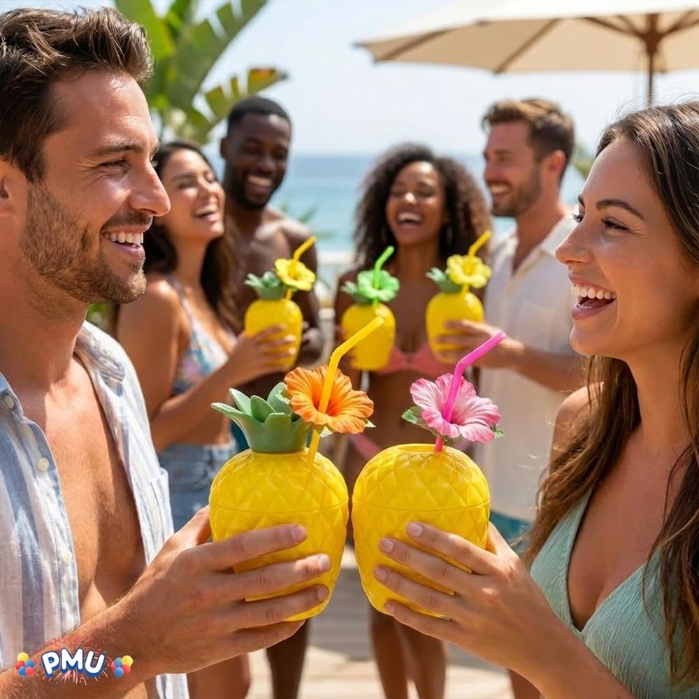 PMU Plastic Coconut & Pineapple Luau Cup with Flower, Luau Party Supplies, Hawaiian Party Decorations and Accessories