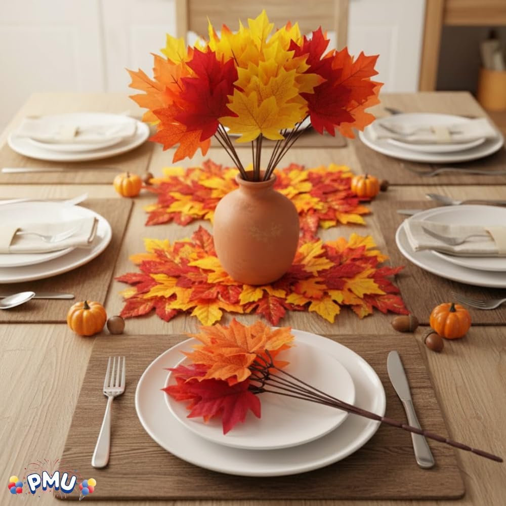 PMU Artificial Maple Leaves Branches, 12.5in Fake Fall Leaves for Thanksgiving Table Centerpieces Decoration 7 Leaves in Branch