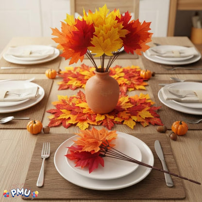 PMU Artificial Maple Leaves Branches, 12.5in Fake Fall Leaves for Thanksgiving Table Centerpieces Decoration 7 Leaves in Branch