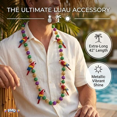 PMU 42 Inch Multicolor Parrot Mardi Gras Beads Necklace – Wearable Party Accessory for Mardi Gras, Hawaiian Luau & Tropical Celebrations