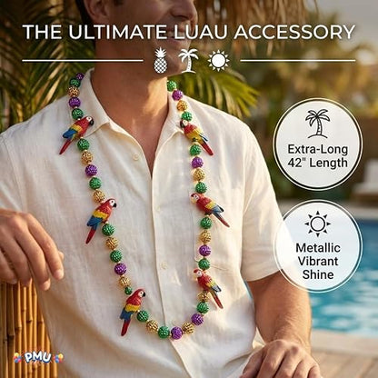 PMU 42 Inch Multicolor Parrot Mardi Gras Beads Necklace – Wearable Party Accessory for Mardi Gras, Hawaiian Luau & Tropical Celebrations