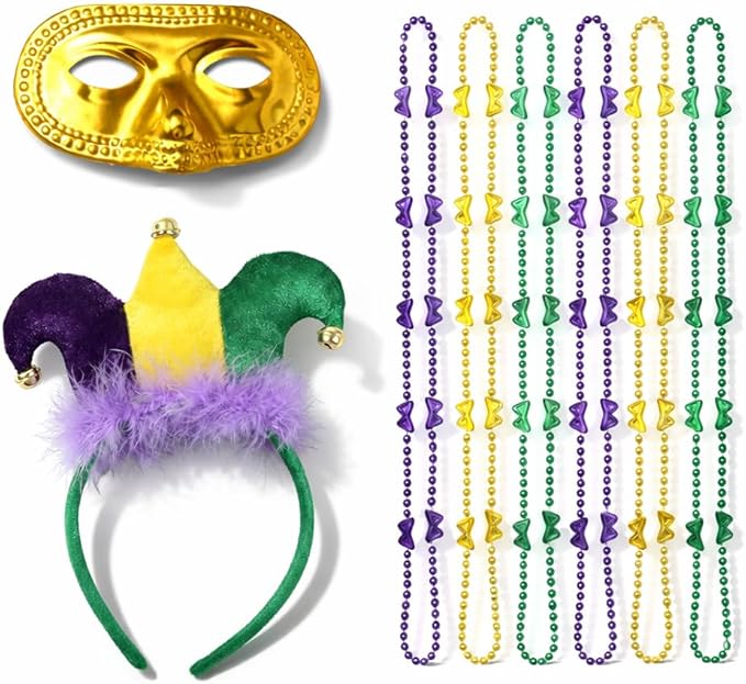 PMU Mardi Gras Party set Headband, Masks & Beads Festive Costume Set for Mardi Gras Themed Party
