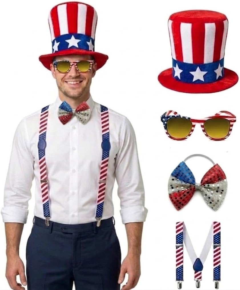 PMU Patriotic Accessories Set for 4th of July, Wig,Headband,Sunglasses,Suspender