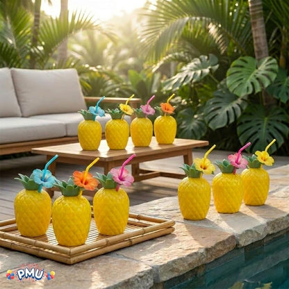 PMU Plastic Coconut & Pineapple Luau Cup with Flower, Luau Party Supplies, Hawaiian Party Decorations and Accessories