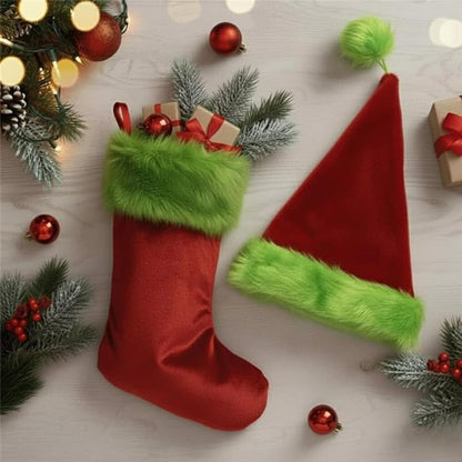 PMU Christmas Velvet Santa Hat & Stocking Set, 2-Piece Soft Plush Santa Hat and Holiday Stocking for Xmas Decor & Gifts