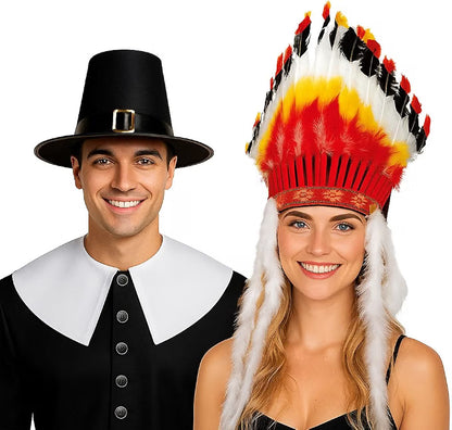 Thanksgiving Black Top Pilgrim Man Hat with Silver Buckle and Big Chief Feather Headdress Native American Indian Hat Party Costume Set for Men and Women