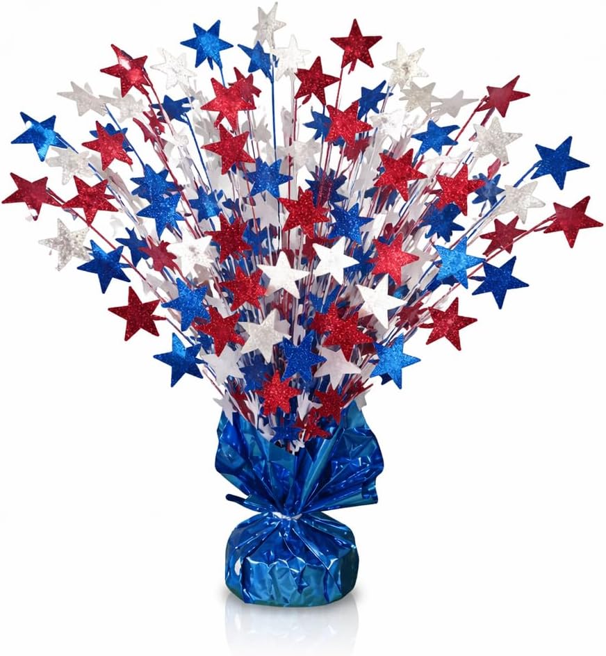 PMU Star Metallic Foil Spray Centerpiece Red White & Blue Patriotic Balloon Weights, 4th of July Decorations 15in / 7.34cm
