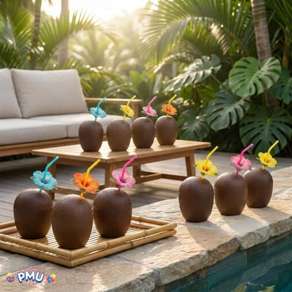 PMU Plastic Coconut & Pineapple Luau Cup with Flower, Luau Party Supplies, Hawaiian Party Decorations and Accessories