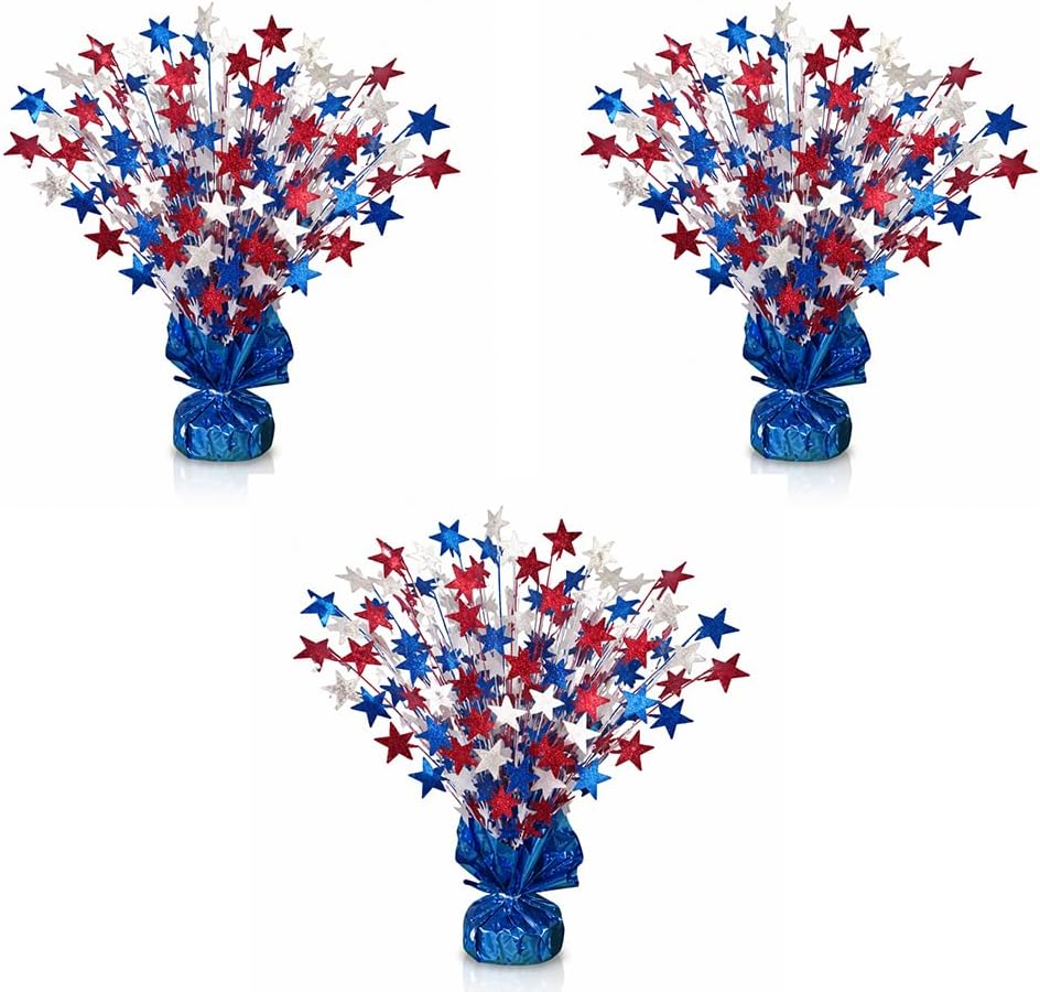 PMU Star Metallic Foil Spray Centerpiece Red White & Blue Patriotic Balloon Weights, 4th of July Decorations 15in / 7.34cm