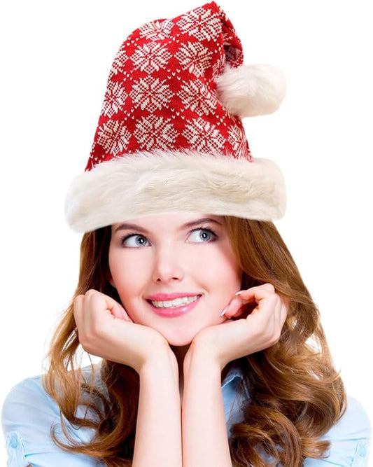 PMU Snowflake Santa Hat Red and White Christmas Hat for Adults, Funny Xmas Costume, Santa's Helper Headwear