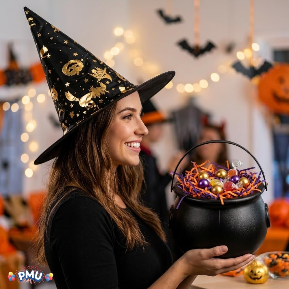 PMU 2 Pc Halloween Witch Cauldron Set – 8 Inch Black Cauldron Bowl & Witch Hat for Halloween Party Decorations, Tabletop & Home Décor