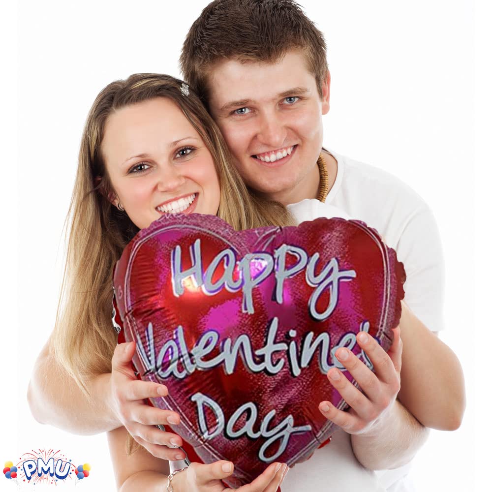 PMU Heart Shaped Happy Valentine's Day Balloons 18-Inch Mylar Idea Gift for Him or Her & Valentine Party Decorations