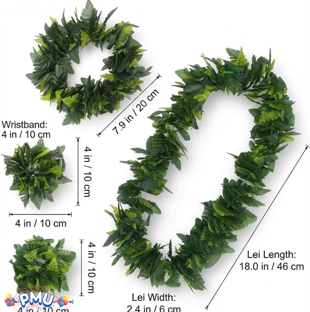 PMU Luau Tropical Fern Leaf Lei Set 4 Pcs Green – Hawaiian Party Costume Accessory with Headpiece, Necklace & Wrist Garlands, Jungle Beach Tiki Luau Wearable Decor for Summer & Fancy Dress
