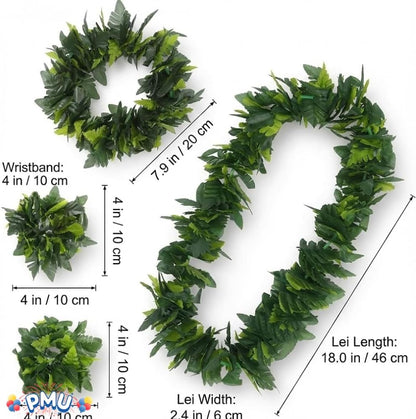 PMU Luau Tropical Fern Leaf Lei Set 4 Pcs Green – Hawaiian Party Costume Accessory with Headpiece, Necklace & Wrist Garlands, Jungle Beach Tiki Luau Wearable Decor for Summer & Fancy Dress