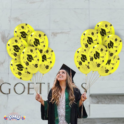 PMU Graduation Balloons | Premium Congrats Grad Balloon with All-Over Print Grad Caps-Confetti and Streamers | Graduation Party Supplies & Decorations | Latex Balloons