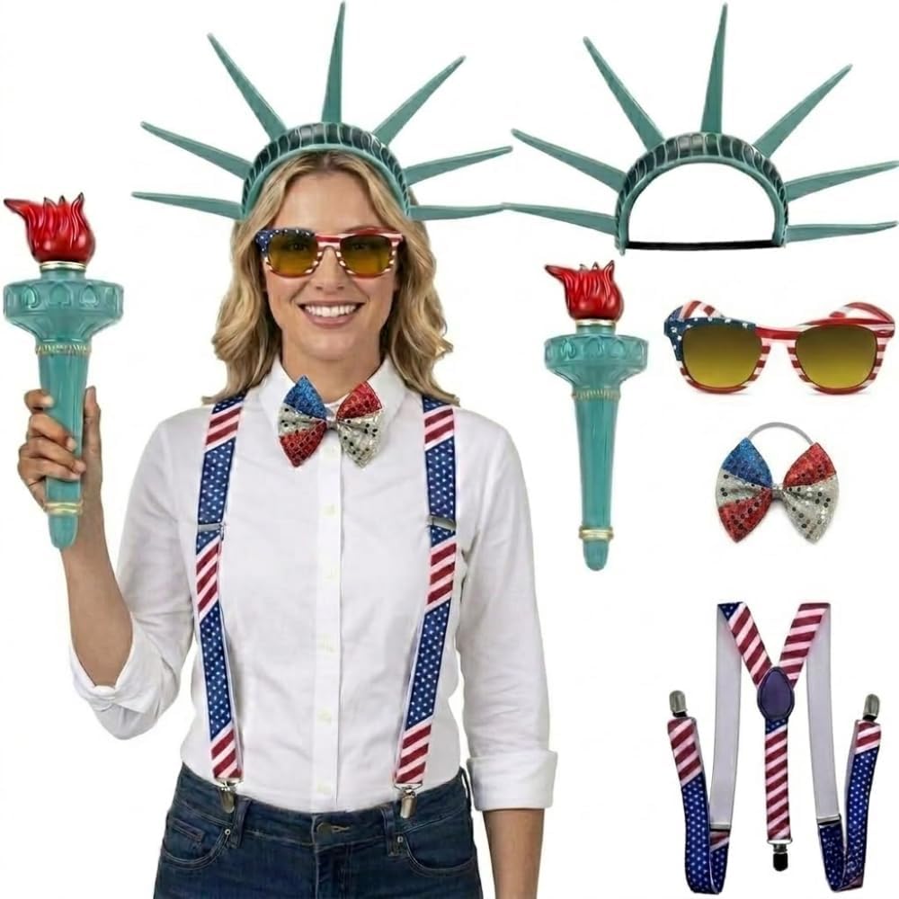 PMU Patriotic Accessories Set for 4th of July, Wig,Headband,Sunglasses,Suspender