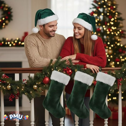 PMU Christmas Velvet Santa Hat & Stocking Set, 2-Piece Soft Plush Santa Hat and Holiday Stocking for Xmas Decor & Gifts