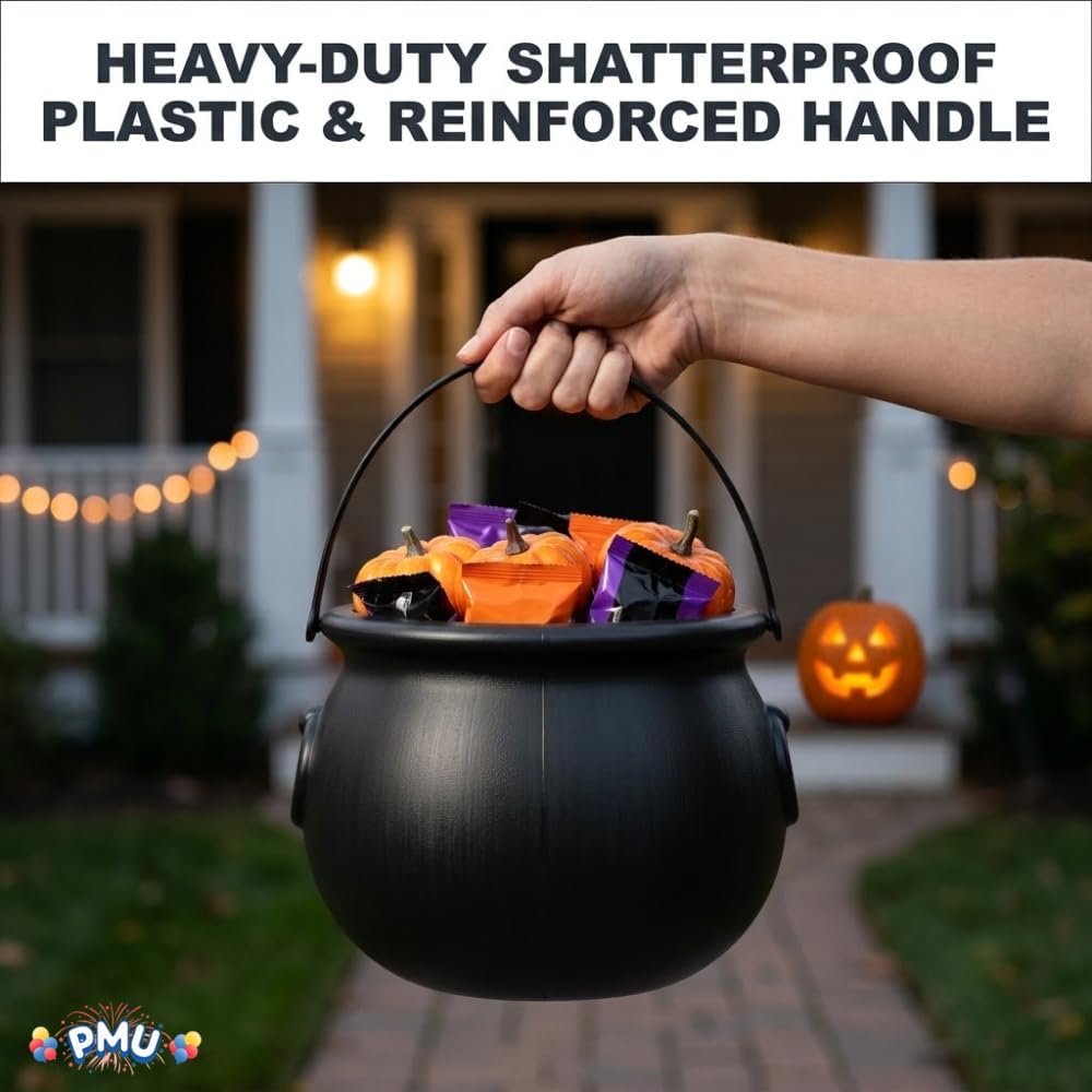 PMU 2 Pc Halloween Witch Cauldron Set – 8 Inch Black Cauldron Bowl & Witch Hat for Halloween Party Decorations, Tabletop & Home Décor