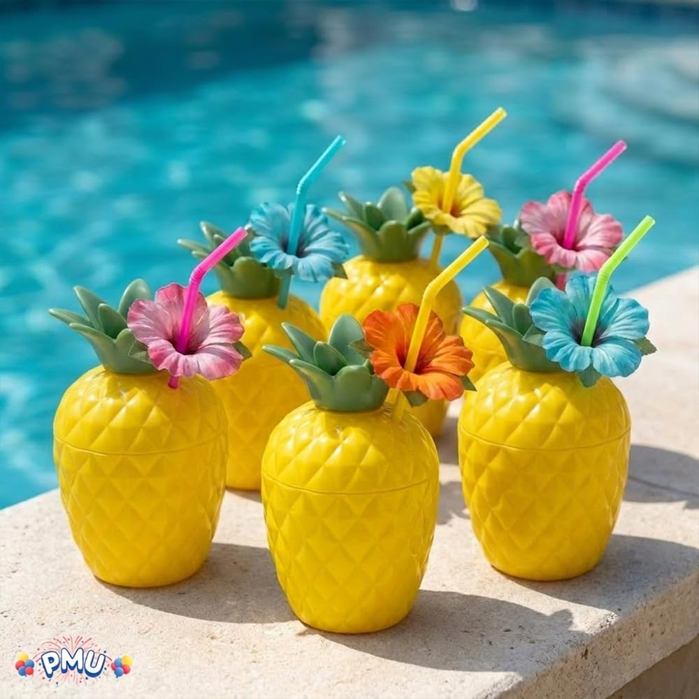 PMU Plastic Coconut & Pineapple Luau Cup with Flower, Luau Party Supplies, Hawaiian Party Decorations and Accessories