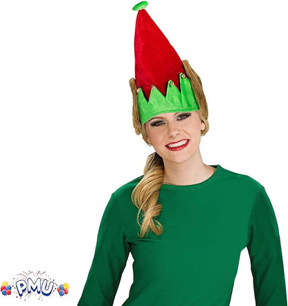 PMU Christmas Velvet Elf Hat w/Bells and Fur Ears Red and Green Hats for Adults, Kids, Caps Costume, Party Accessories