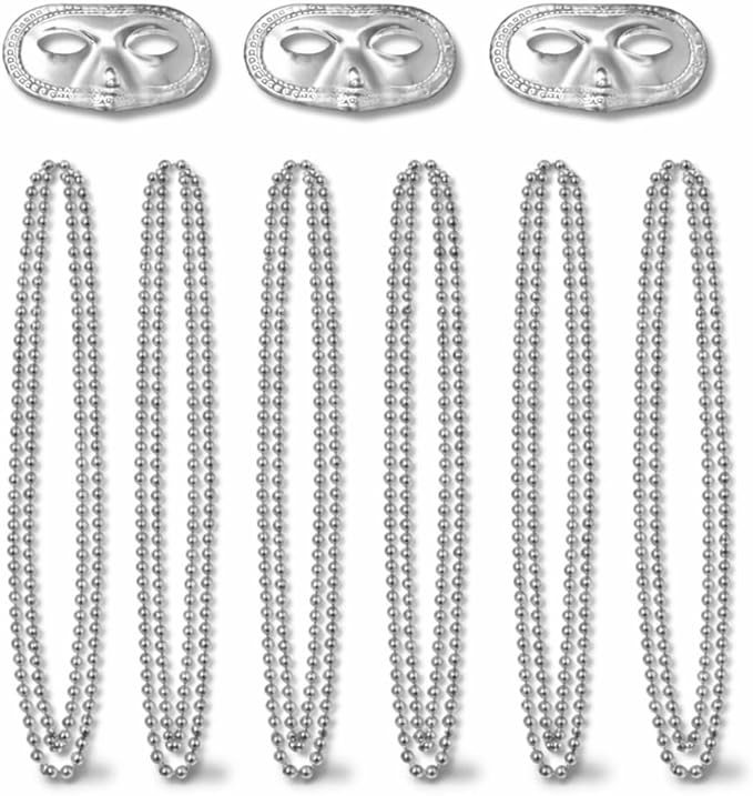 PMU 15-Pc Metallic Mardi Gras Costume Set – 3 Masks & 12 Beads for Men and Women