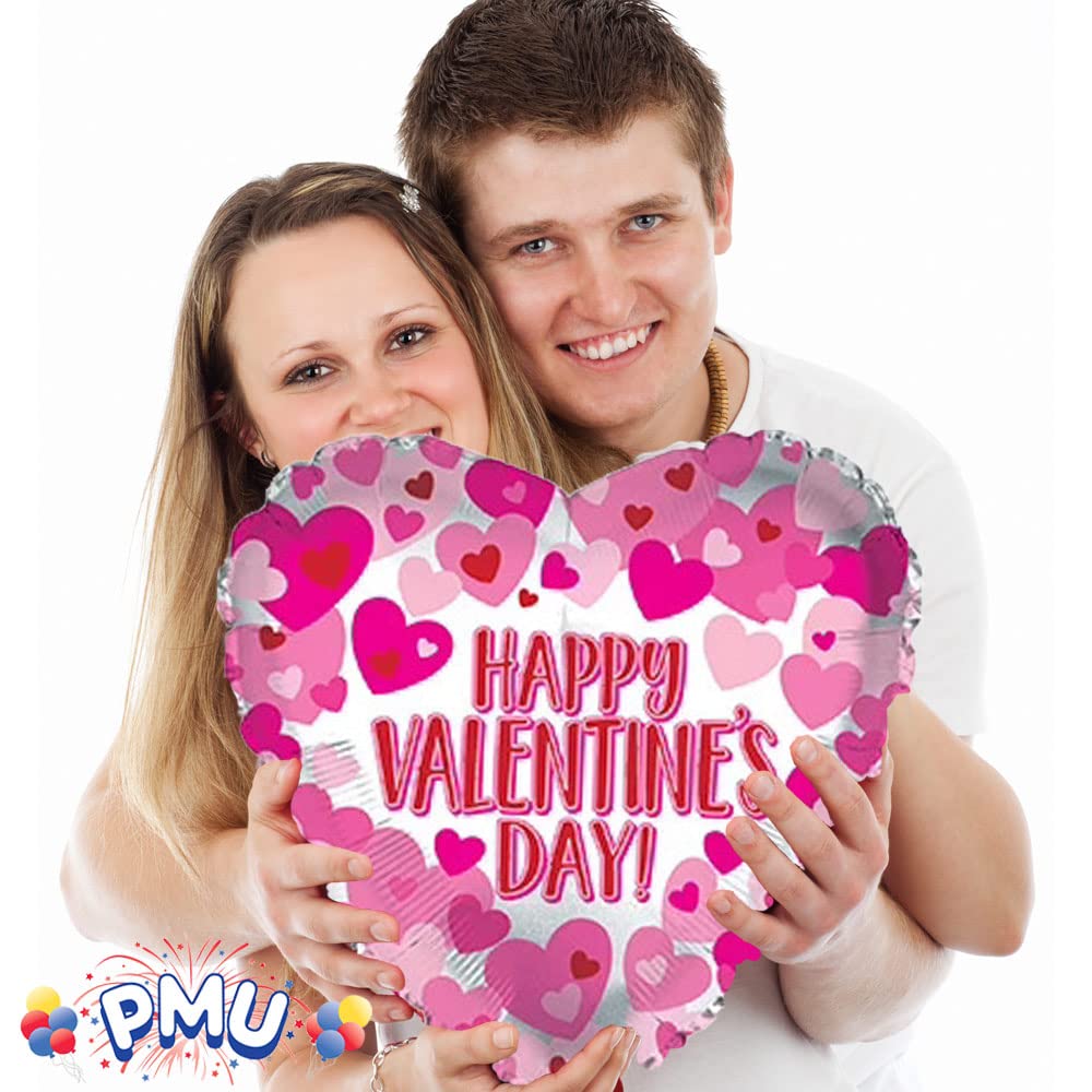 PMU Heart Shaped Happy Valentine's Day Balloons 18-Inch Mylar Idea Gift for Him or Her & Valentine Party Decorations