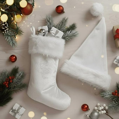 PMU Christmas Velvet Santa Hat & Stocking Set, 2-Piece Soft Plush Santa Hat and Holiday Stocking for Xmas Decor & Gifts
