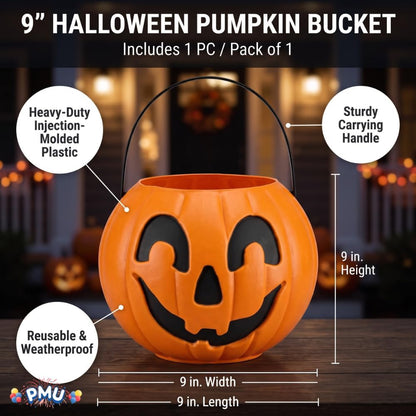 PMU Halloween Trick or Treat Jack-O-Lantern Carry Jack - Halloween Pumpkin Decorations - Candy Gift Basket for Kids - Pumpkin Bucket with Handles - 9 Inch w/Handle - Orange
