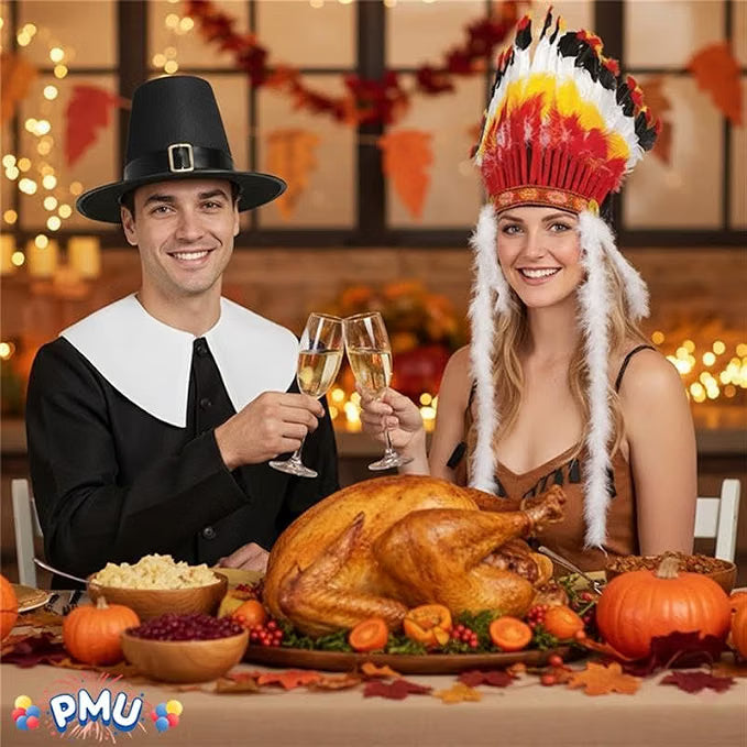 Thanksgiving Black Top Pilgrim Man Hat with Silver Buckle and Big Chief Feather Headdress Native American Indian Hat Party Costume Set for Men and Women