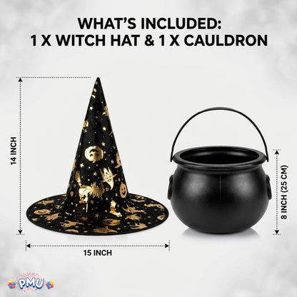 PMU 2 Pc Halloween Witch Cauldron Set – 8 Inch Black Cauldron Bowl & Witch Hat for Halloween Party Decorations, Tabletop & Home Décor