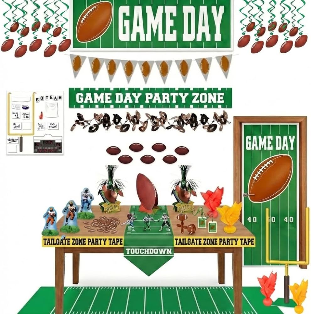 PMU 35 Pcs Football Party Decorations Kit Flags, Centerpieces, Banners, Table Runner, Door Cover, Garland & Tailgate Tape for Super Game Bowl Party
