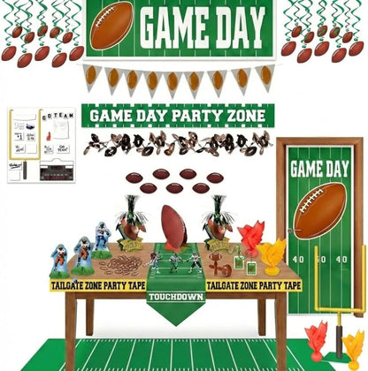 PMU 35 Pcs Football Party Decorations Kit Flags, Centerpieces, Banners, Table Runner, Door Cover, Garland & Tailgate Tape for Super Game Bowl Party