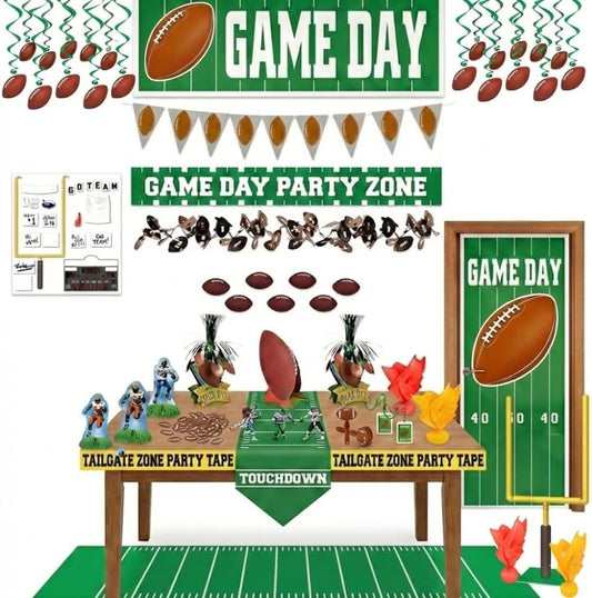 PMU 35 Pcs Football Party Decorations Kit Flags, Centerpieces, Banners, Table Runner, Door Cover, Garland & Tailgate Tape for Super Game Bowl Party