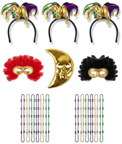 PMU Mardi Gras Party set Headband, Masks & Beads Festive Costume Set for Mardi Gras Themed Party