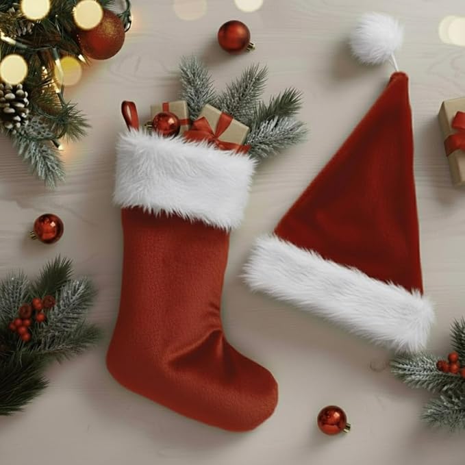 PMU Christmas Velvet Santa Hat & Stocking Set, 2-Piece Soft Plush Santa Hat and Holiday Stocking for Xmas Decor & Gifts