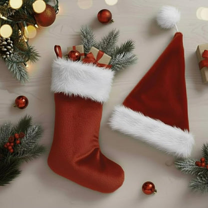 PMU Christmas Velvet Santa Hat & Stocking Set, 2-Piece Soft Plush Santa Hat and Holiday Stocking for Xmas Decor & Gifts