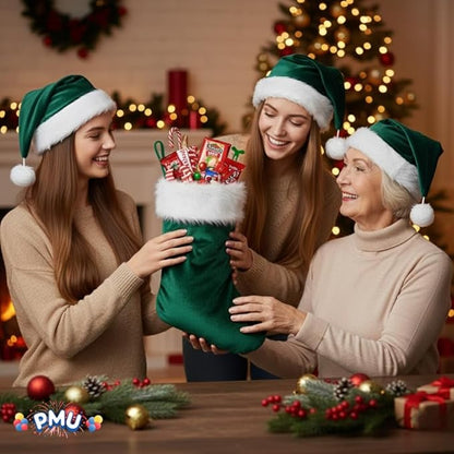 PMU Christmas Velvet Santa Hat & Stocking Set, 2-Piece Soft Plush Santa Hat and Holiday Stocking for Xmas Decor & Gifts