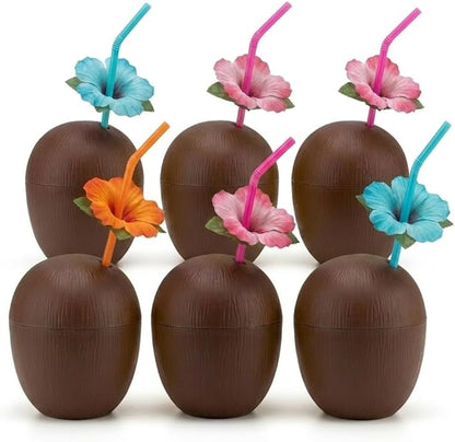 PMU Plastic Coconut & Pineapple Luau Cup with Flower, Luau Party Supplies, Hawaiian Party Decorations and Accessories