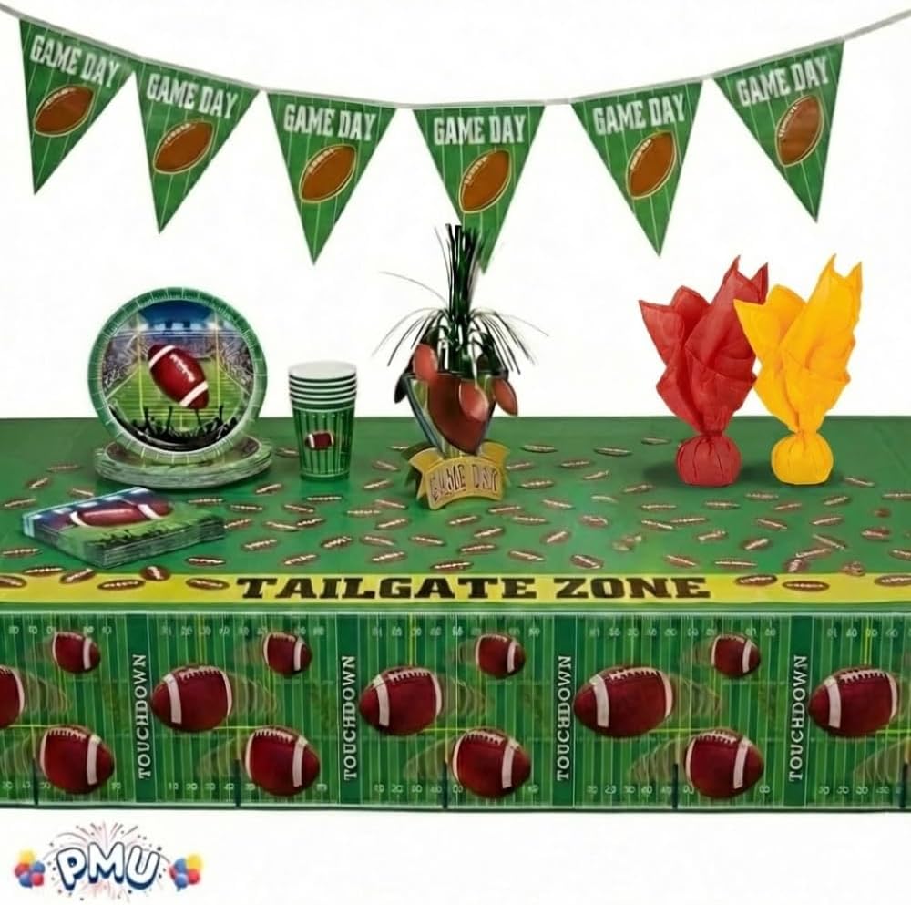 PMU 39 Pcs Football Party Decorations Kit with Plates, Napkins, Cups, Football Centerpiece, Penalty Flag, Banner, Tailgate Zone Tape, Confetti & Tablecloths for Super Game Bowl Party Decoration
