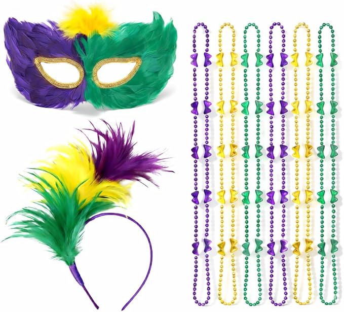 PMU Mardi Gras Party set Headband, Masks & Beads Festive Costume Set for Mardi Gras Themed Party