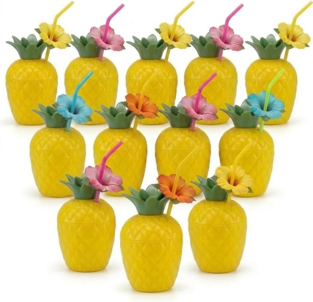 PMU Plastic Coconut & Pineapple Luau Cup with Flower, Luau Party Supplies, Hawaiian Party Decorations and Accessories