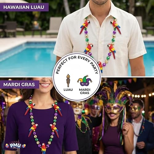 PMU 42 Inch Multicolor Parrot Mardi Gras Beads Necklace – Wearable Party Accessory for Mardi Gras, Hawaiian Luau & Tropical Celebrations