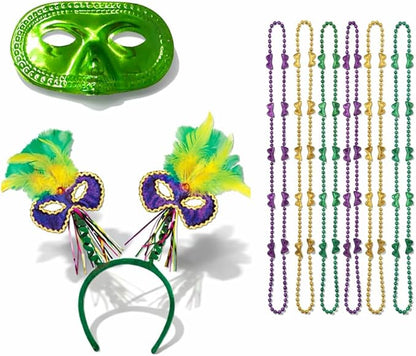PMU Mardi Gras Party set Headband, Masks & Beads Festive Costume Set for Mardi Gras Themed Party