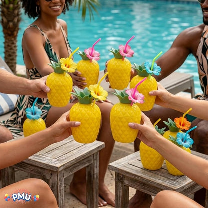 PMU Plastic Coconut & Pineapple Luau Cup with Flower, Luau Party Supplies, Hawaiian Party Decorations and Accessories