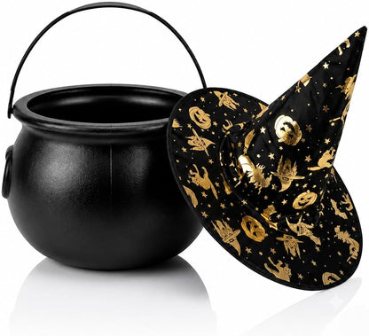 PMU 2 Pc Halloween Witch Cauldron Set – 8 Inch Black Cauldron Bowl & Witch Hat for Halloween Party Decorations, Tabletop & Home Décor
